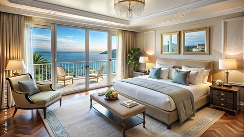 Luxurious seaside hotel room with a balcony overlooking the sea © artsakon