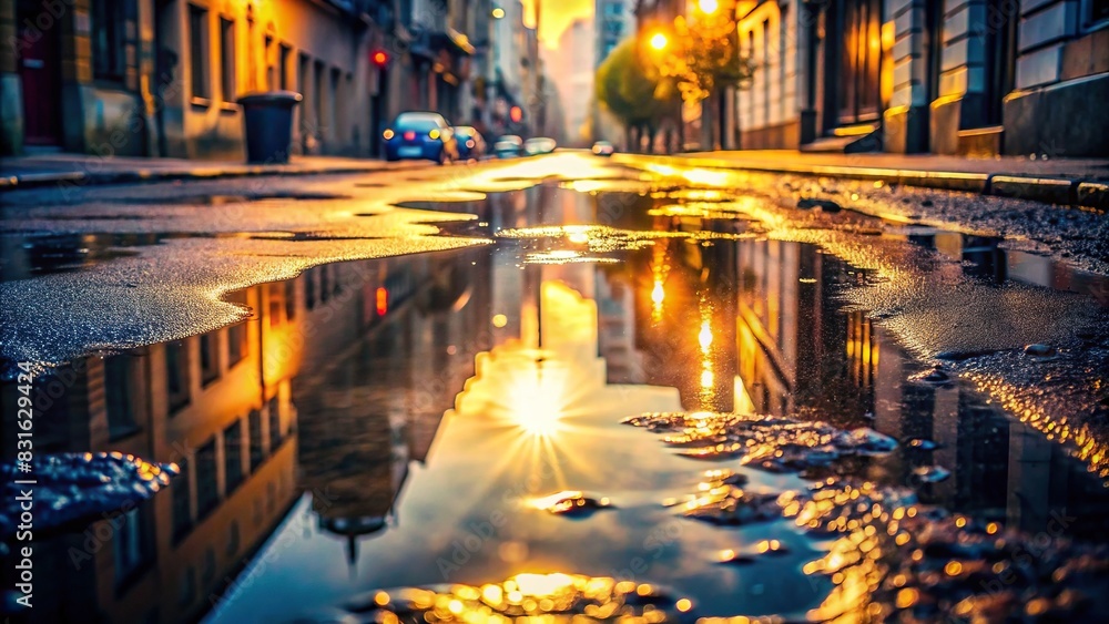 Abstract background of a gloomy street with rays reflecting in puddles