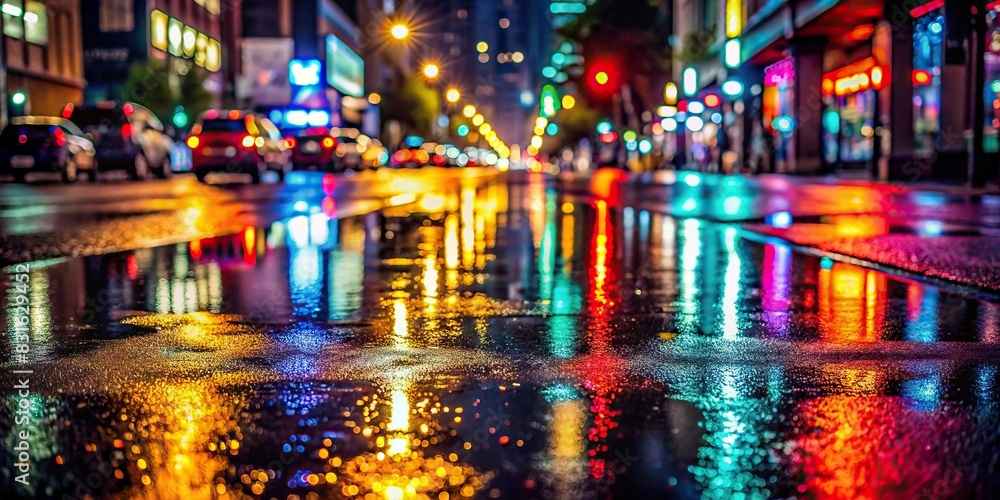 Dark, rainy city street with shimmering reflections on wet asphalt