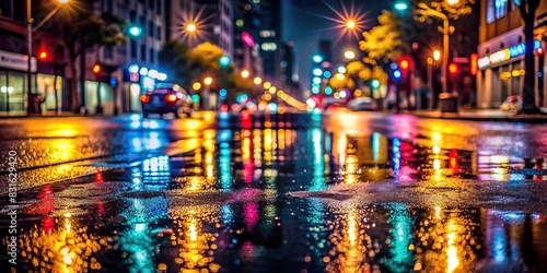 Dark, rainy city street with shimmering reflections on wet asphalt photo