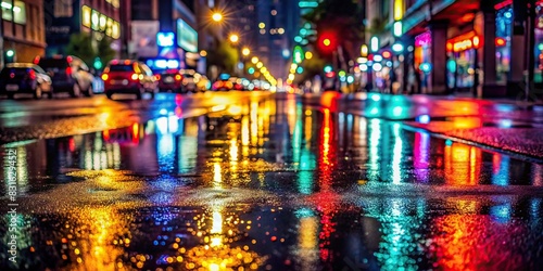 Dark, rainy city street with shimmering reflections on wet asphalt photo