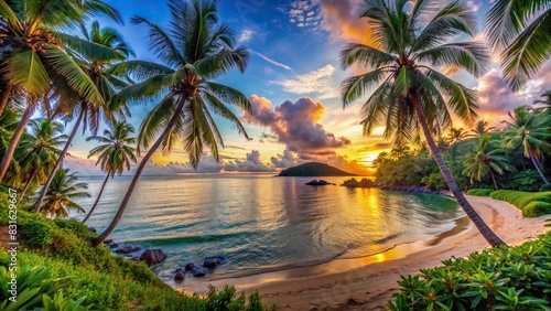 Stunning panoramic view of a secluded beach at sunset  framed by lush palm trees
