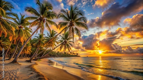 Stunning view of a picturesque golden sunset casting a warm glow on a palm tree-lined beach