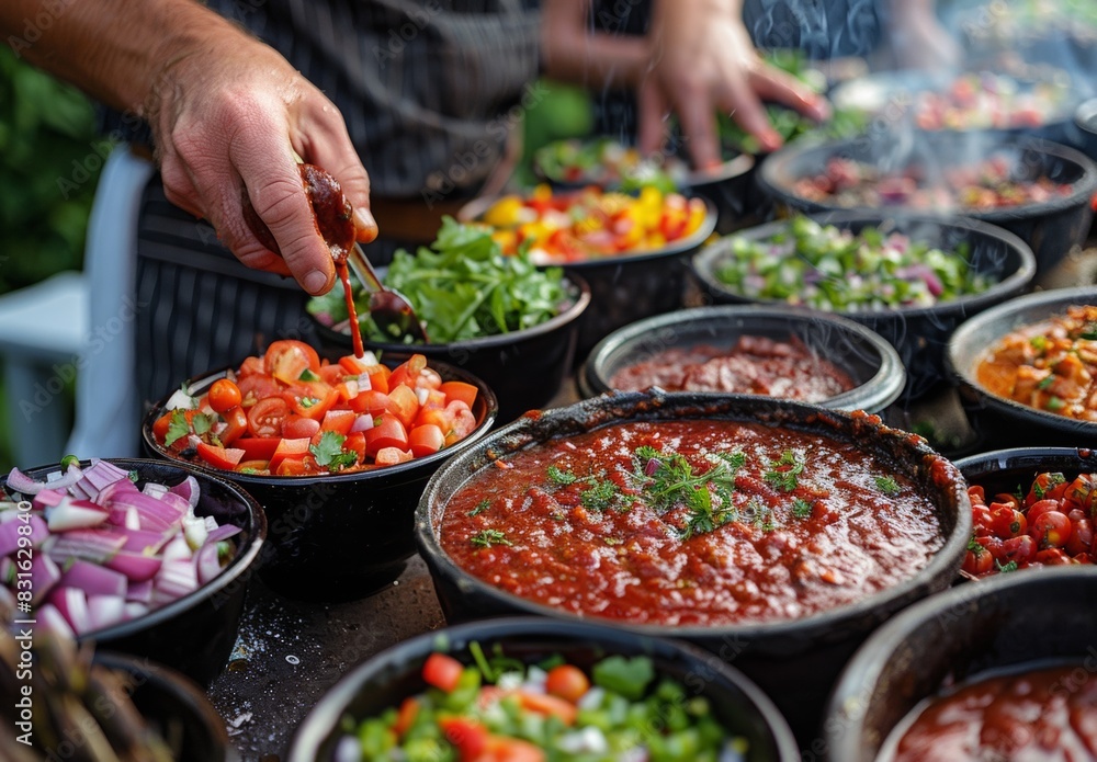 Obraz premium Close-up of hands preparing barbeque sauce with bowls of ingredients around. In the background, people are grilling, highlighting the collaborative and festive spirit of the barbeque.