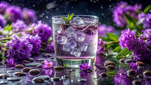 High-quality image of a glass filled with ice and a drink, surrounded by purple flowers and droplets of water on the rim