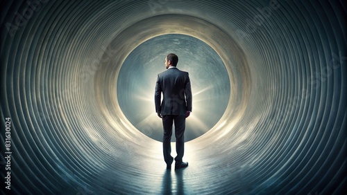 Surreal composition of a man in a suit inside a hollow space photo