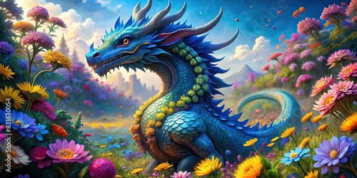 of a majestic blue dragon surrounded by colorful flowers