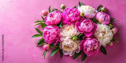 Top view of a bouquet of piony flowers on a vibrant background for various occasions