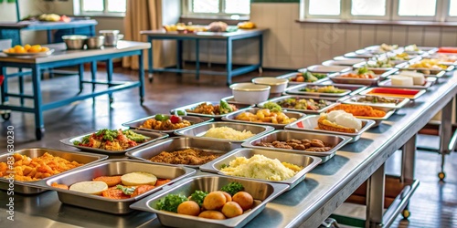A laid table with trays of warm food ready to be served at a homeless shelter photo