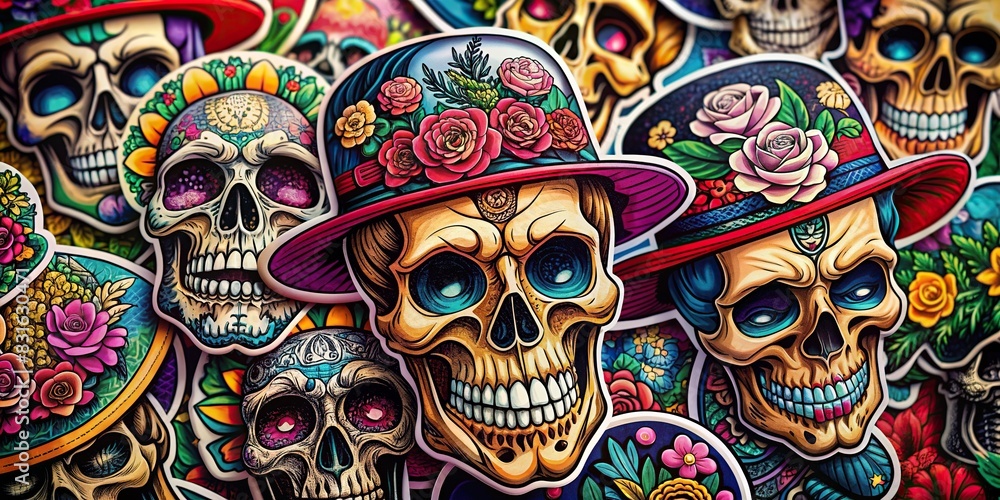 Luxurious and diverse skull designs on stickers, s, and t-shirts