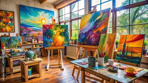 Vibrant abstract painting on canvas in a studio