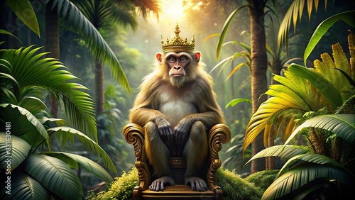 King of the jungle Majestic monkey monarch perched on a grand throne in a tropical forest