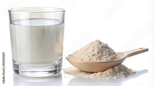 Collagen protein powder and glass of water on a white background
