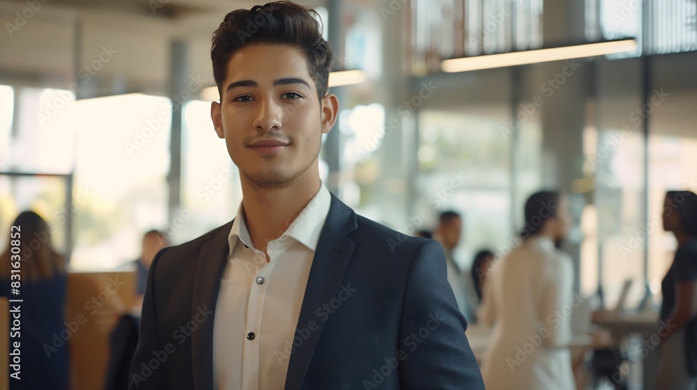 Young male employee in formal clothes standing in the office Group of people working behind : Generative AI Young male employee in formal clothes standing in the office Group of people working behind : Generative AI