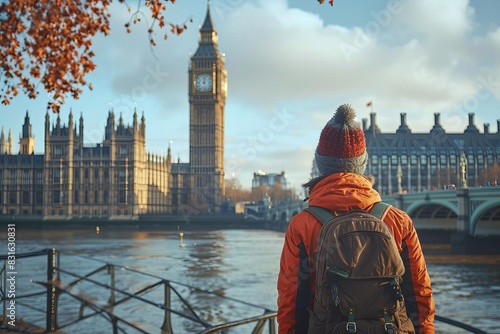 Traveler in orange jacket and backpack admiring Big Ben and Houses of Parliament on a sunny autumn day in London by the River Thames.