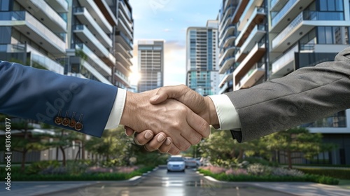 Two businessmen shaking hands in front of modern apartment buildings. Represents successful real estate deals.