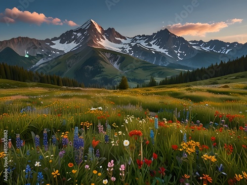 Mountain with a vast alpine meadow at its base, dotted with wildflowers, open and expansive, floral carpet, generative AI