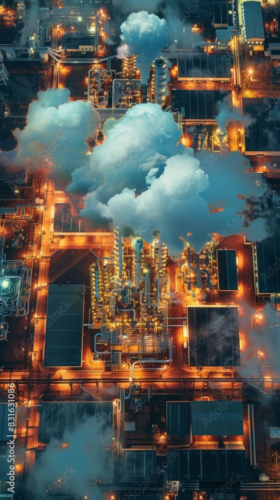 Obraz premium Modern industrial area aerial view and cloud computing concept. Communication network. Industry 4.0. Factory automation.