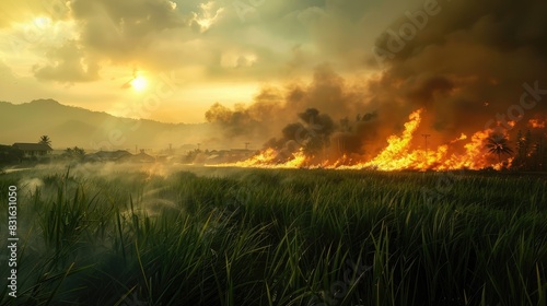 Grassy field ablaze near village