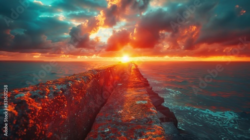 a sunset over the ocean with a stone wall photo