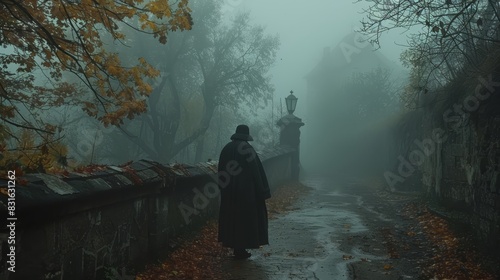 a person in a long black coat walking down a path photo