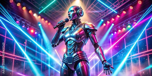 Robot singer performing on stage in vibrant neon lights and futuristic attire