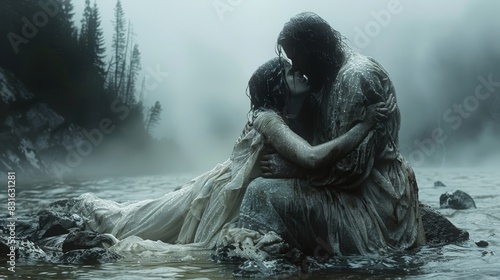 a man and a woman in a river hugging