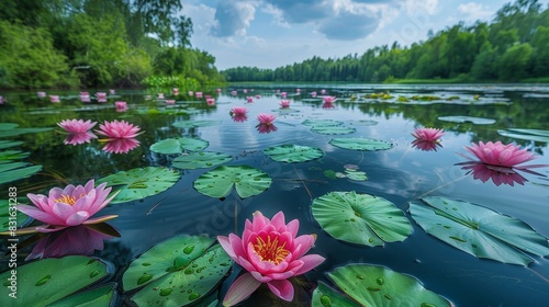 a pond with water lillies and pink flowers