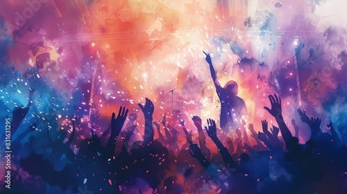 Vivid watercolor concert scene with hands raised and bright stage lights. Captures the vibrant atmosphere and artistic expression of live music events. photo