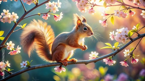 Whimsical cartoon squirrel playing in the sunshine among blooming cherry blossoms photo