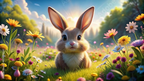 Cartoon bunny enjoying a sunny spring day in a flower-filled meadow