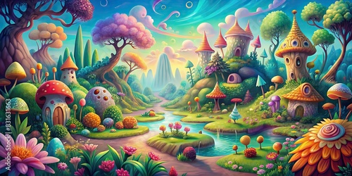 Whimsical cartoon landscape with magical plants and fantastical creatures