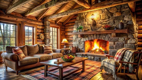 Rustic cabin interior featuring a crackling fire in a stone fireplace  wooden beams  and cozy blankets