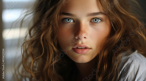 Intimate portrait of a young woman with captivating blue eyes