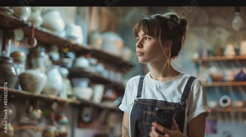 Pensive female ceramist looking away while holding a smartphone Cheerful entrepreneur managing a shop with handmade ceramic products Creative young businesswoman running a successful s : Generative AI