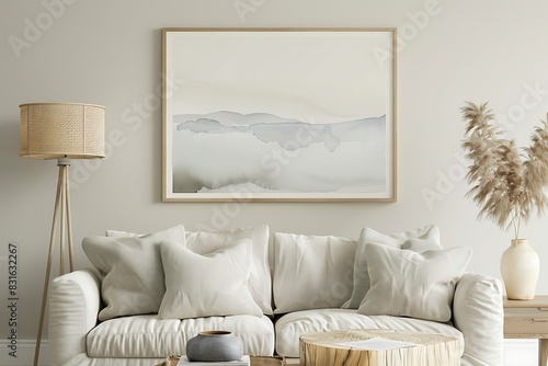 Frame mockup featuring a watercolor landscape, harmonizing with a serene living room ambiance. photo