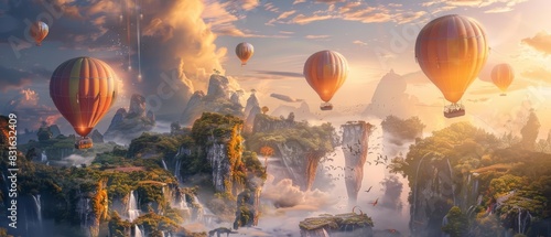 Frame mockup, a whimsical scene of hot air balloons drifting over a fantastical landscape with floating islands and waterfalls, sparking the imagination photo