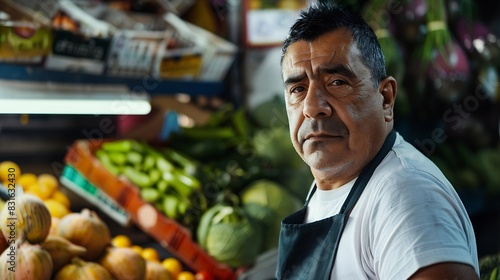 Middleaged Latin man in an apron looking at the camera in the greengrocers shop where he works Copy space : Generative AI