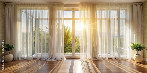 Flowing sheer curtains in a sunlit room photo