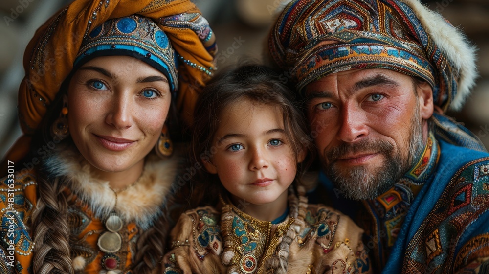 a man and woman and a child wearing traditional clothing a man and woman and a child wearing traditional clothing
