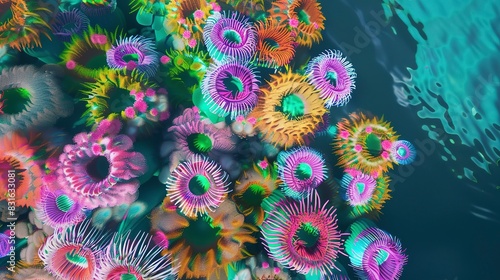 Vibrant sea anemones flat design top view, tropical paradise, 3D render, vivid 