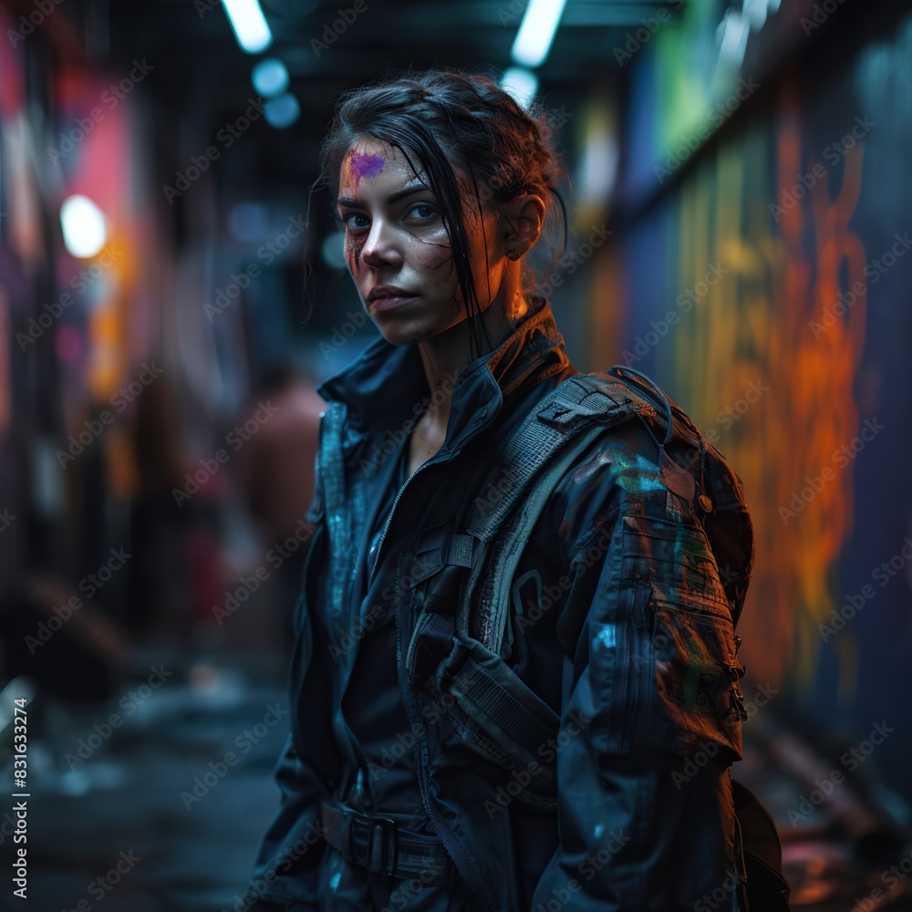 Fototapeta premium Cityscape Cyberpunk Vibes: Hyperrealistic Portrait with Neon Accents