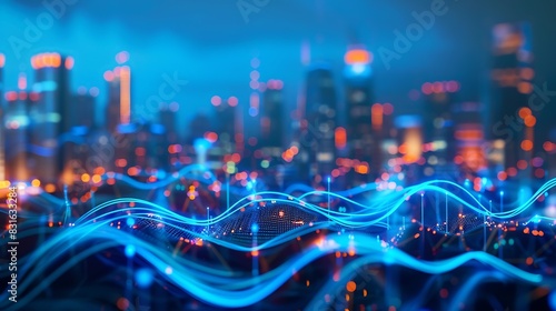 Smart city and big data connection technology concept with digital blue wavy wires with antennas on night megapolis city skyline background double exposure : Generative AI