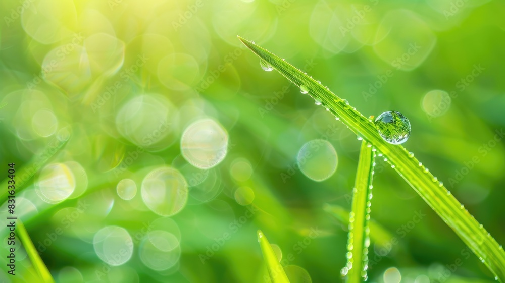 Obraz premium Dewdrops on green grass blade with blurred bokeh background