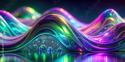 Abstract holographic fluid wave in purple and green with iridescent neon reflections photo