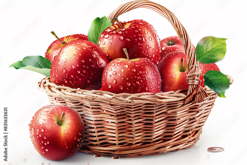 Fresh apples fruits with droplets in a basket isolated on white background. Healthy diet food illustration. Fresh apples fruits with droplets in a basket isolated on white background. Healthy diet food illustration.