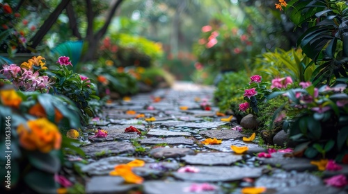 Lush garden with vibrant blooming flowers, verdant greenery, and a stone pathway winding through, creating a serene and picturesque setting photo