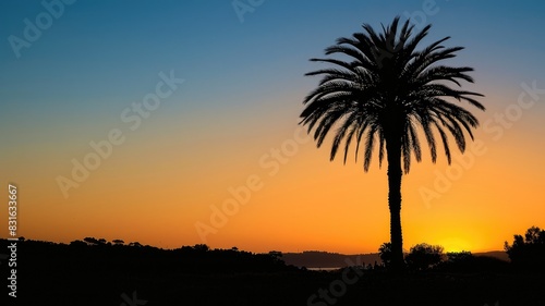 Lone palm tree silhouetted against vibrant sunset sky