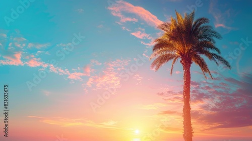 Stunning sunset over ocean with silhouetted palm tree against colorful sky