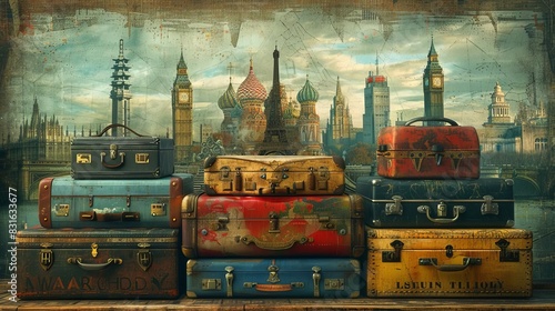 Vintage suitcases stacked with famous landmarks background representing travel, adventure, and exploration. photo